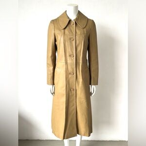 Faux Leather Tan Long Trench Coat Single-Breasted